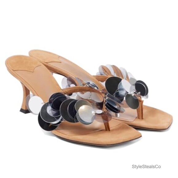 Suede Sequin Kitten Heels Strappy Thong Slide Sandals Party Mules - Picture 4 of 7